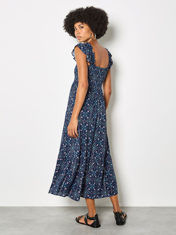 Folk Floral Metallic Midi Dress, Navy, large