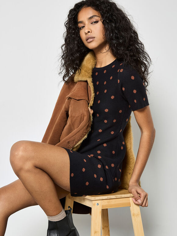 Polka Dot Knitted Shift Mini Dress, Black, large