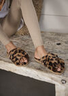 Leopard Fluffy X-Over Slippers, Brown, large