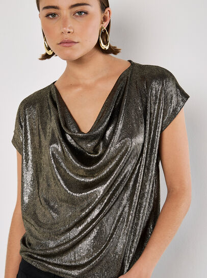 Metallic Foil Cowl Neck Top