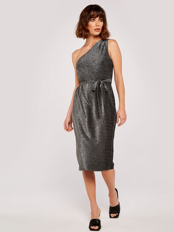 Sparkle One Shoulder Wrap Dress, Black, large