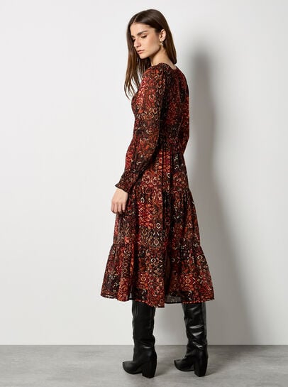 Ikat Patchwork Smocked Chiffon Midi Dress