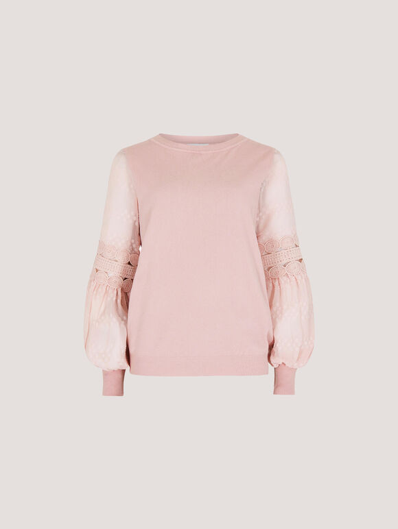 Contrast Crochet Sleeves Jumper, Pink, large