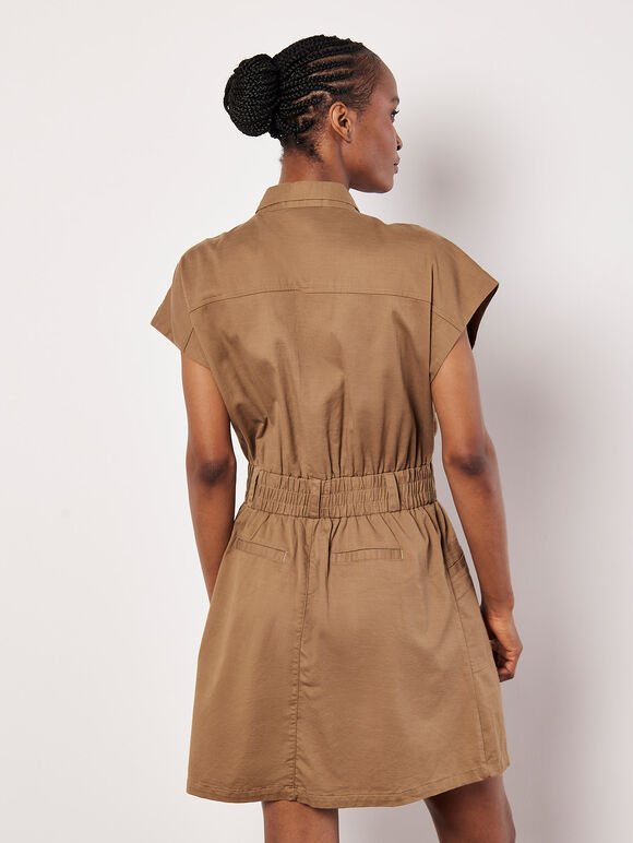 Utility Shirt Mini Dress, Brown, large