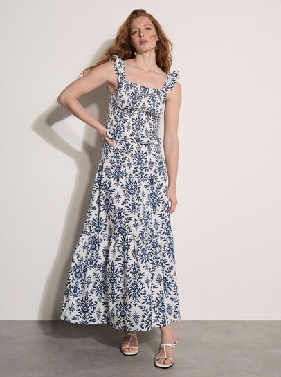 Folk Ikat Print Tiered Maxi Skirt