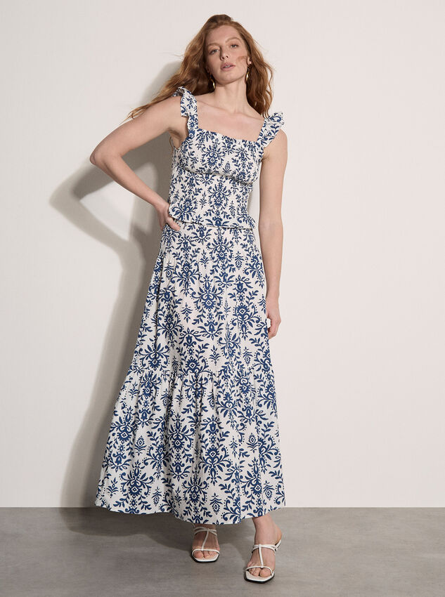 Folk Ikat Print Tiered Maxi Skirt
, Cream, large