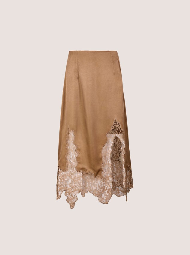 Lace Hem Satin Midi Skirt, Gold, large