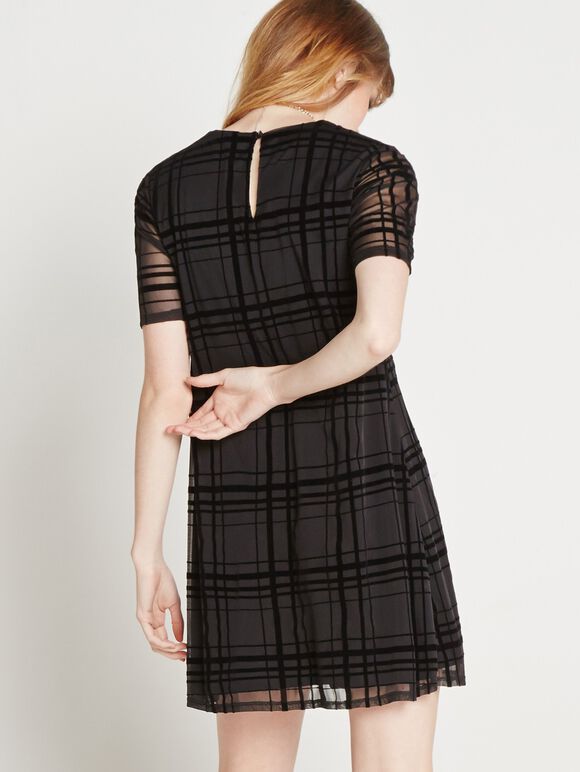 Flocked Check Swing Dress, Black, large