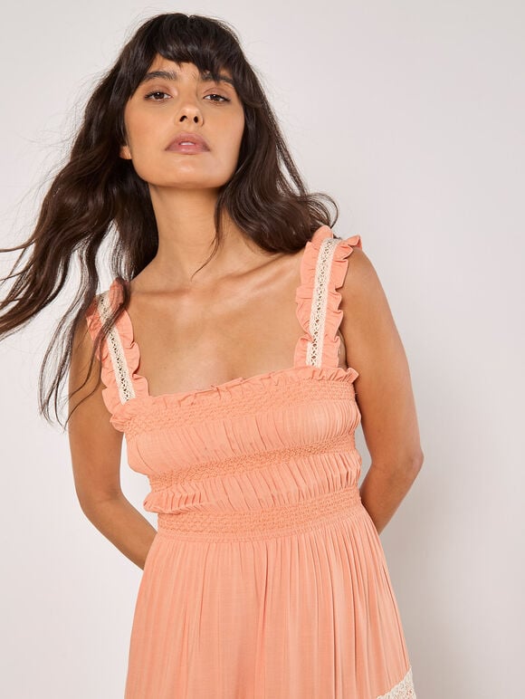 Crochet Lace Tiered Midi Dress, Coral, large