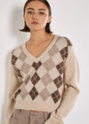 Cropped Argyle Jumper, Stone, large