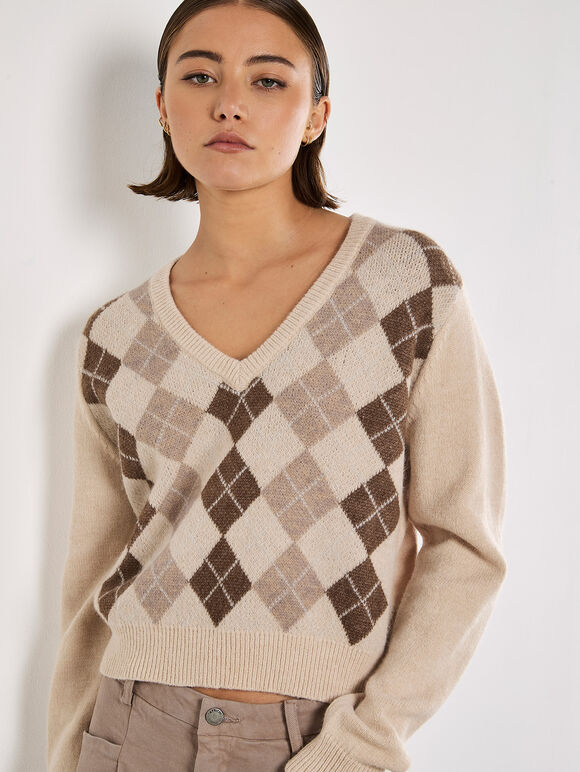 Cropped Argyle Jumper, Stone, large