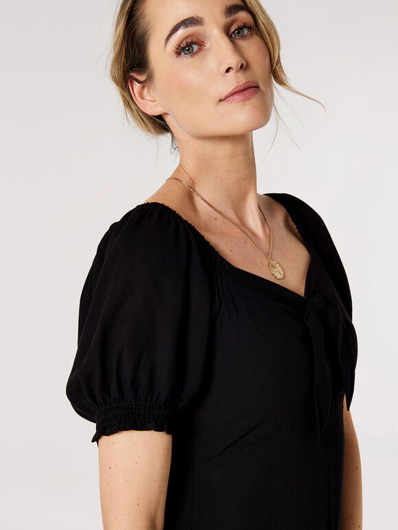 Tie Detail Milkmaid Midaxi Dress, Black, large