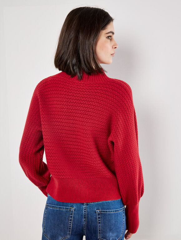 Twisted Cable Knit Batwing Jumper, Red, large