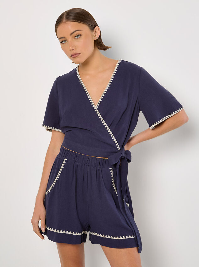 Stitch Detail Linen Blend Shorts, Navy, large