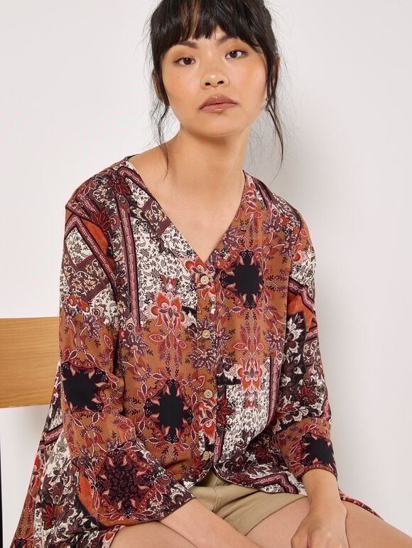Patchwork Scarf Print Blouse, Orange, large