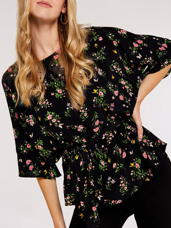 Floral Tiered Tie Top, Black, large