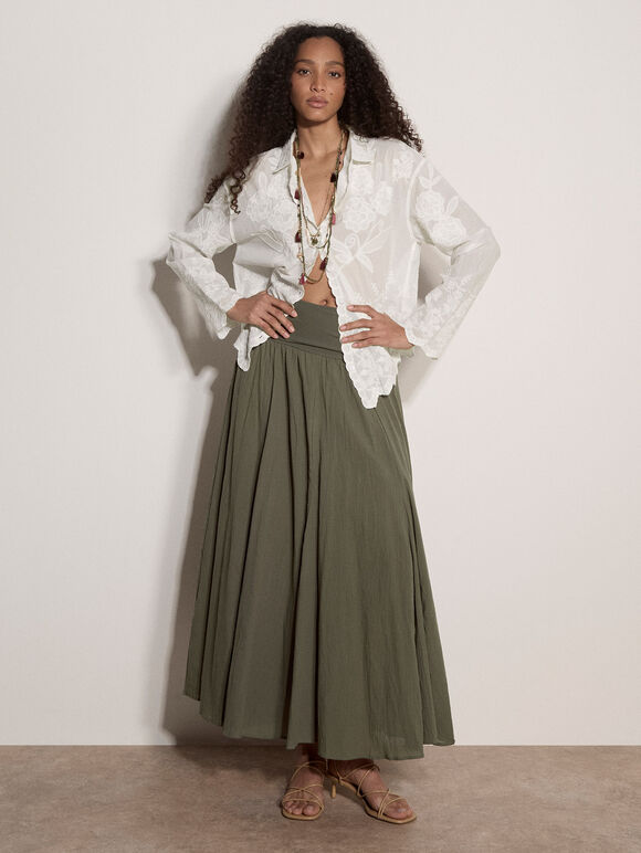 Jersey Waistband Cotton Midaxi Skirt, Khaki, large