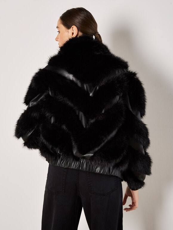Faux Leather Chevron Fur Jacket, Black, large