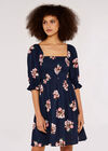 Graphic Floral Milkmaid Mini Dress, Navy, large