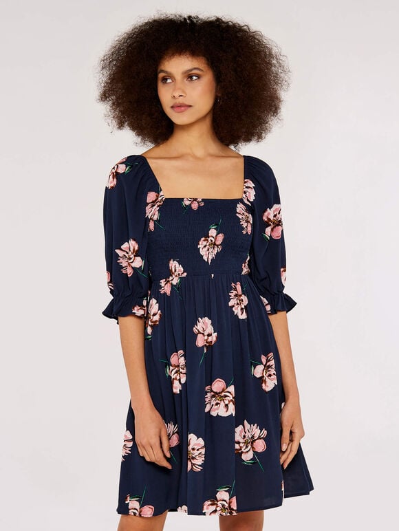 Floral Smock Puff Sleeve Dress, Navy, large