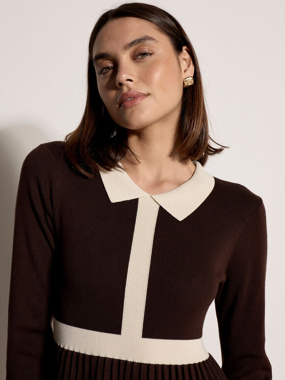 Colour Block Retro Knit Mini Dress, Brown, large