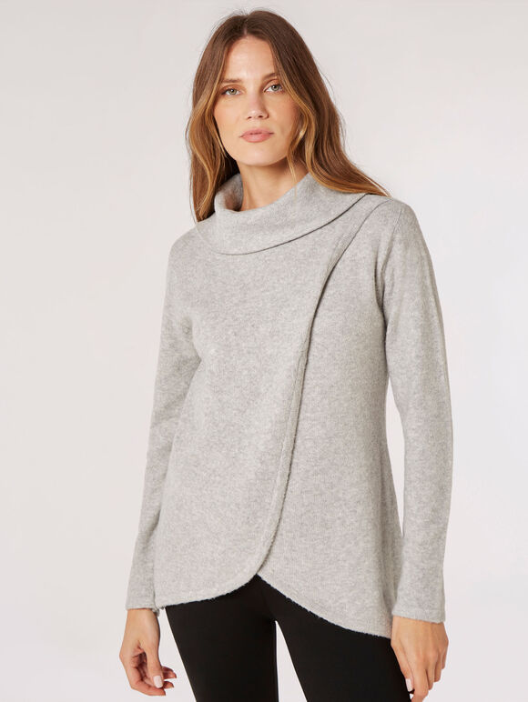 Roll Neck Wrap Jumper, Grey, large