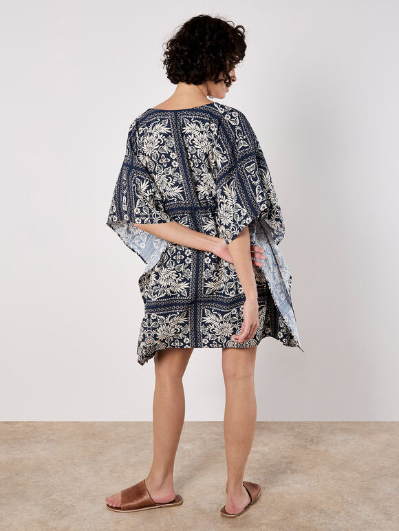 Scarf Print Kimono Mini Dress, Navy, large