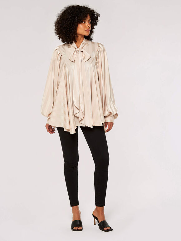 Tie-Neck Oversized Blouse, Stone, large