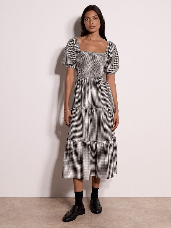 Cotton Gingham Milkmaid Midaxi Dress, Black, large