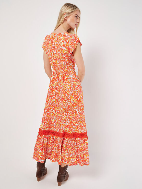 Robe longue fleurie à petites fleurs, Orange, grand