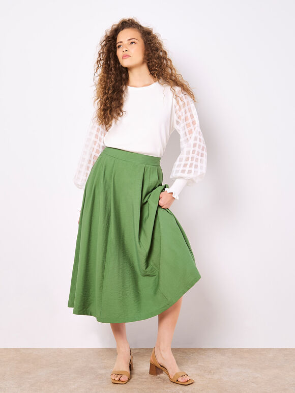 Pleated A-Line Midi Skirt, Green, large