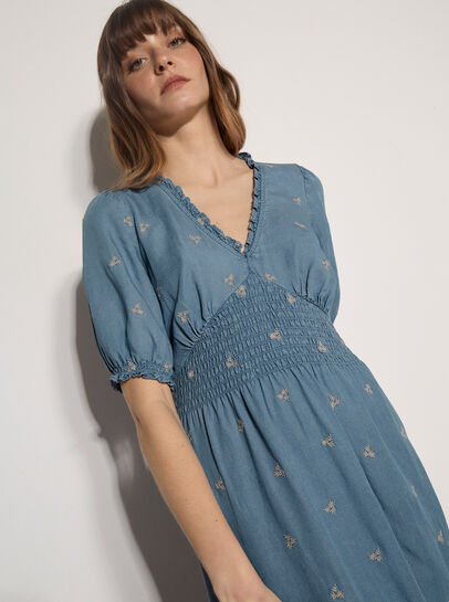 Floral Embroidered Denim Midi Dress
