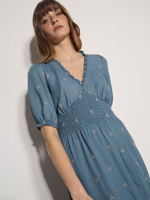 Floral Embroidered Denim Midi Dress, Blue, large