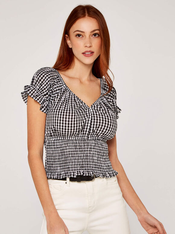 Gingham Smock Detail Top, Black, large