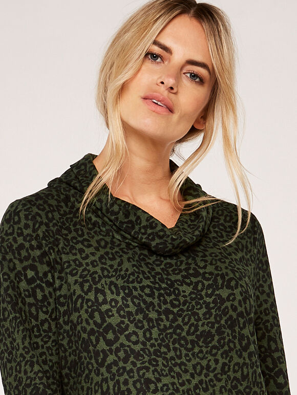 Leopard Print Flap Neck Swing Dress, Khaki, large