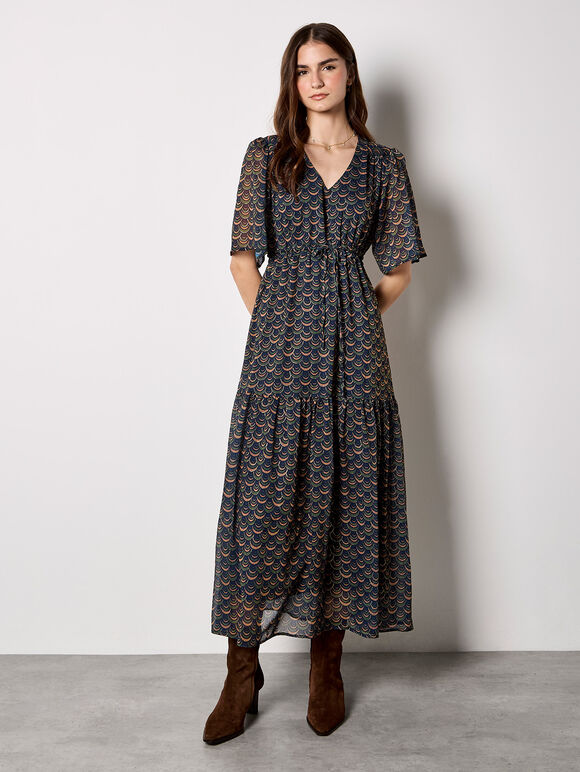 Gold foil Scallop Chiffon Maxi Dress, Navy, large