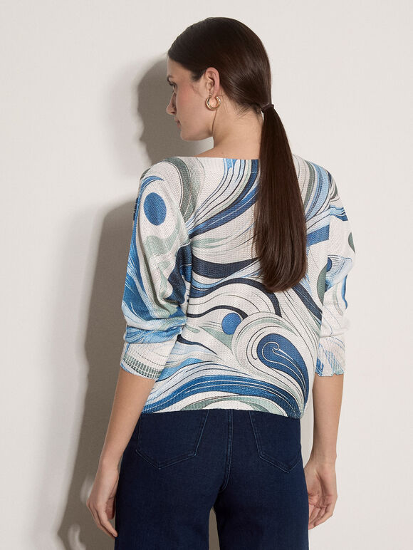 Swirl Print Shimmer Knit Top, Blue, large