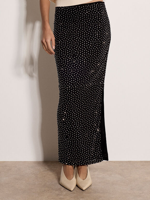 Rhinestone Stud Maxi Skirt, Black, large