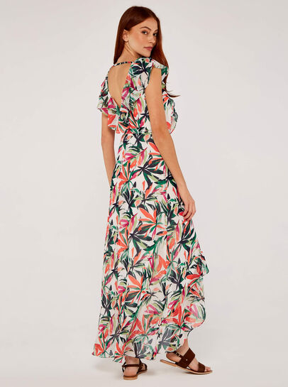 Palm Print Ruffle Wrap Midi Dress