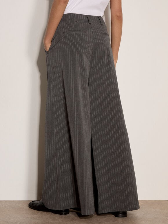 Wide-Leg Pleat Pinstripe Trousers, Grey, large