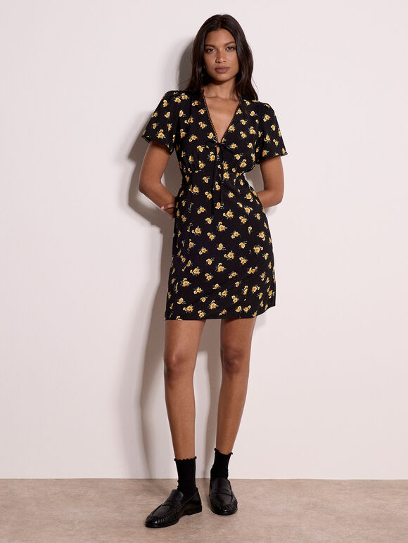 Vintage Floral Mini Tea Dress, Black, large