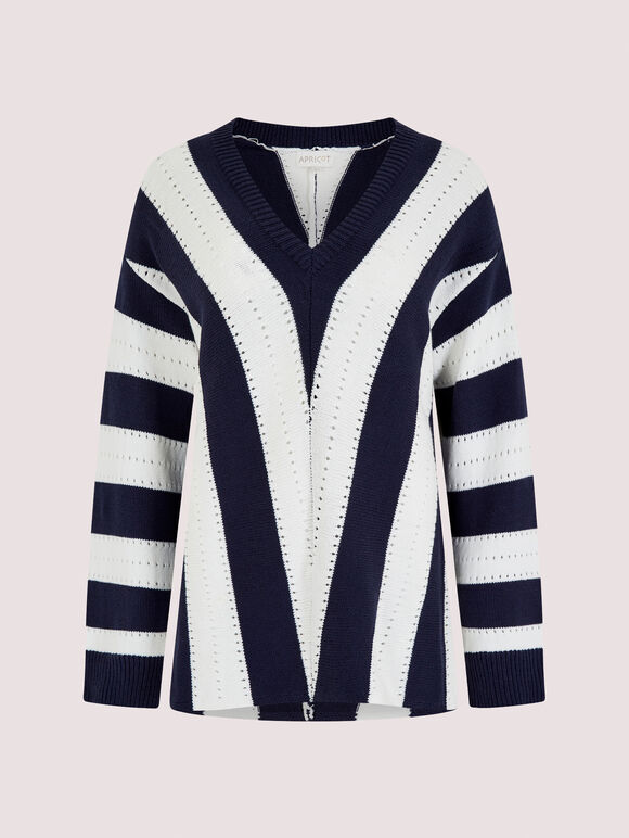 Chevron Pointelle Tunic Jumper, Navy, large