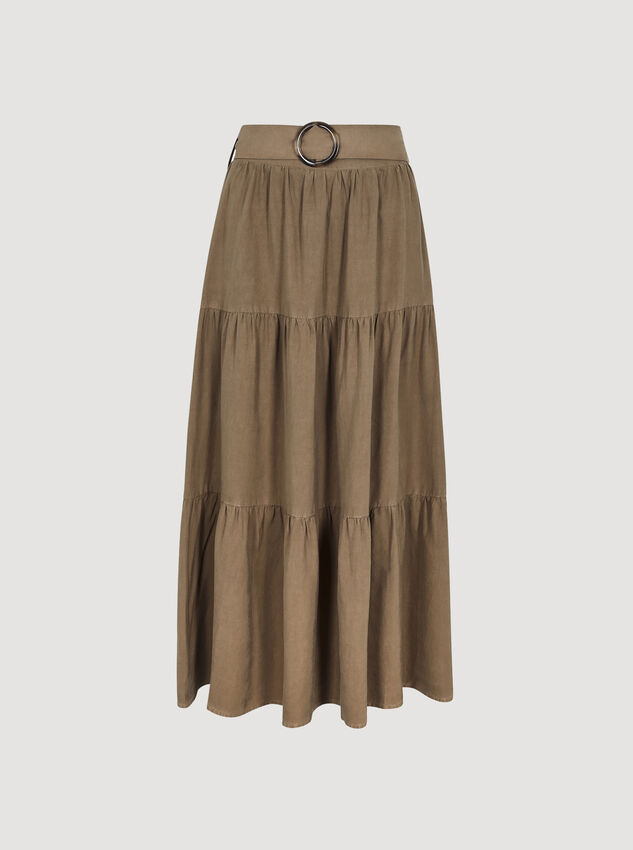 Belted Tiered Maxi Skirt, Brown, large