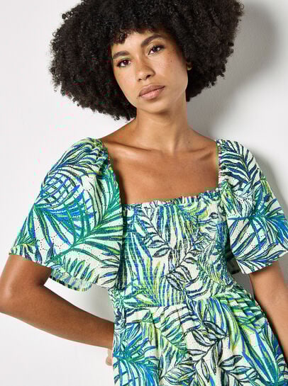 Palm Print Smocked Broderie Mini Dress