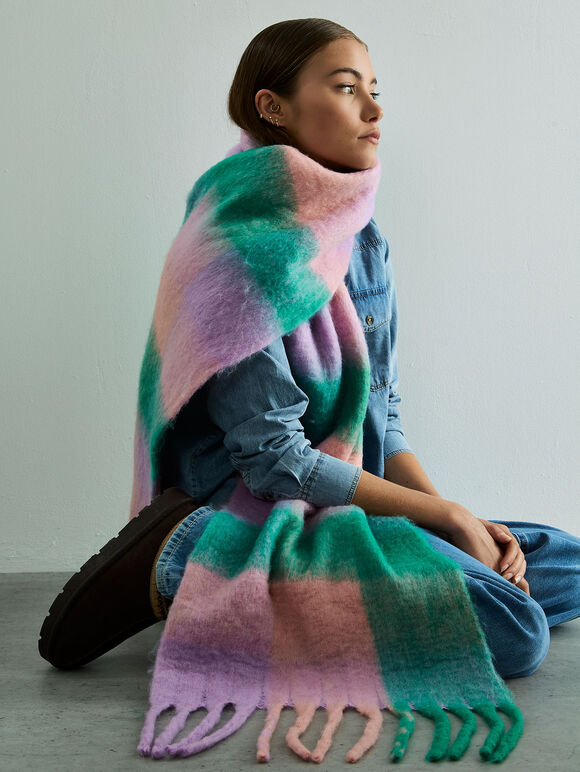 Check Colour Block Scarf, Pink, large