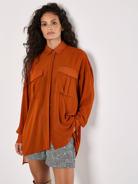 Oversized Chiffon Shirt, Rust, large