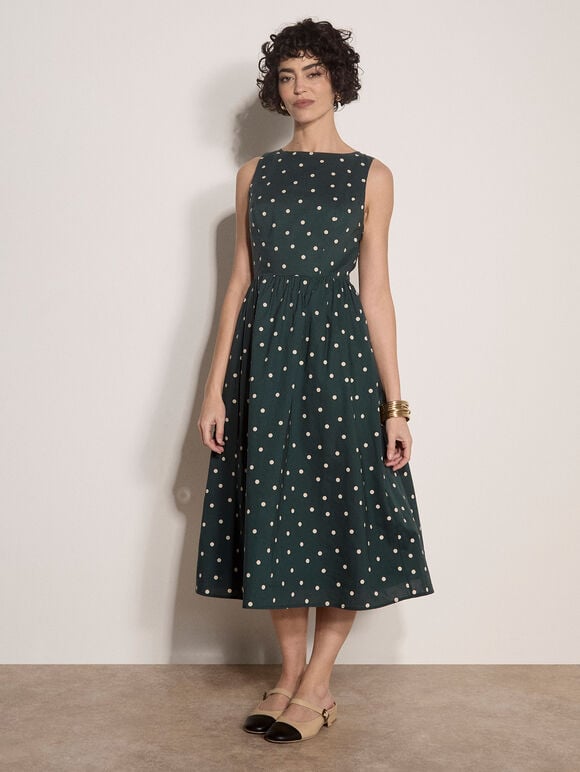Polka Dot A-Line Cotton Midi Dress, Green, large