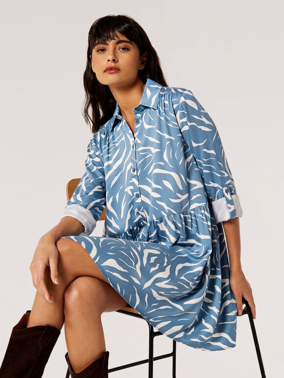 Zebra Print Shirt Mini Dress, Blue, large