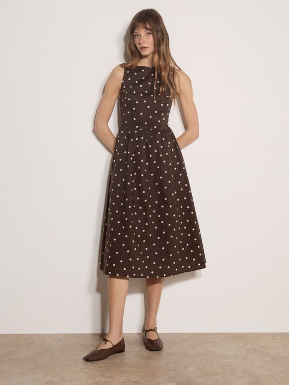 Polka Dot A-Line Cotton Midi Dress, Brown, large