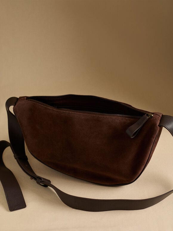 Suede Half Moon Crossbody Bag, Brown, large
